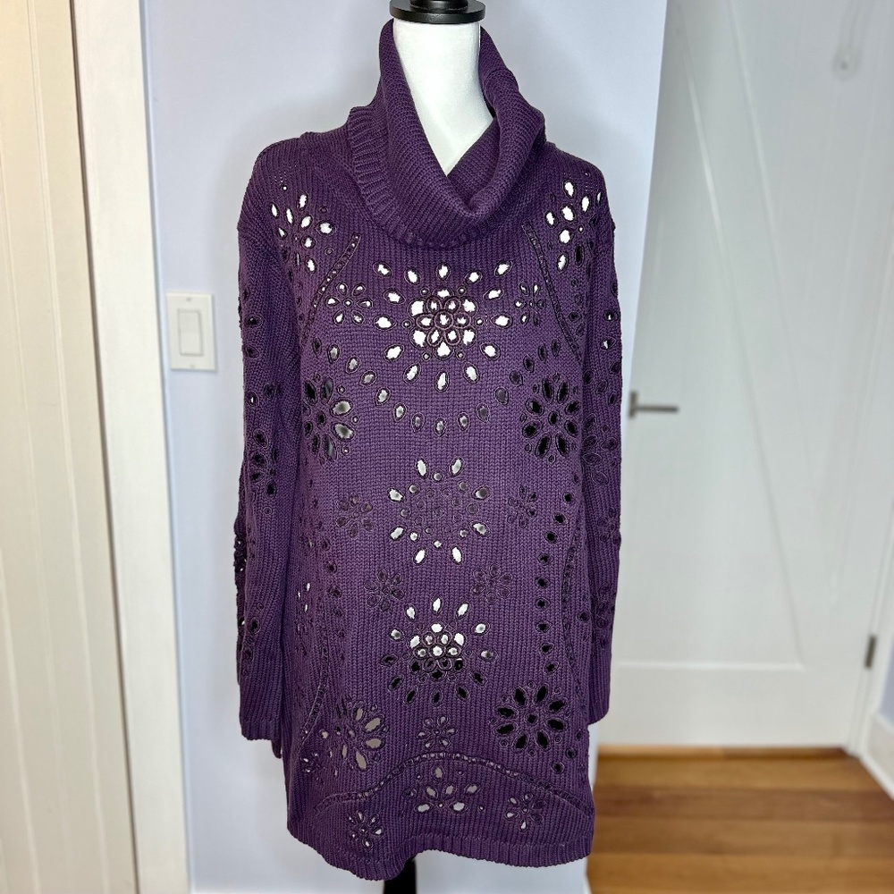 Escada long purple cotton/wool turtleneck sweater w/cutouts. SZ L. Like new!